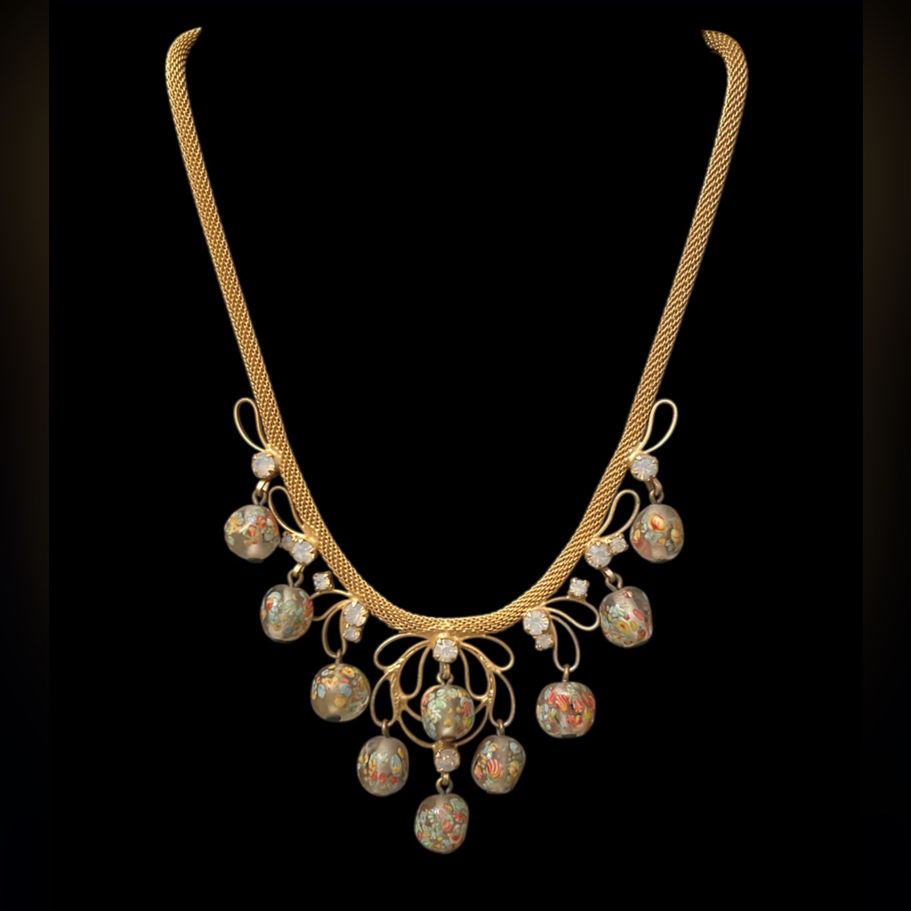 Juliana Delizza Elster Murano Glass Floral Beads On Gold Mesh Chain Necklace 293$